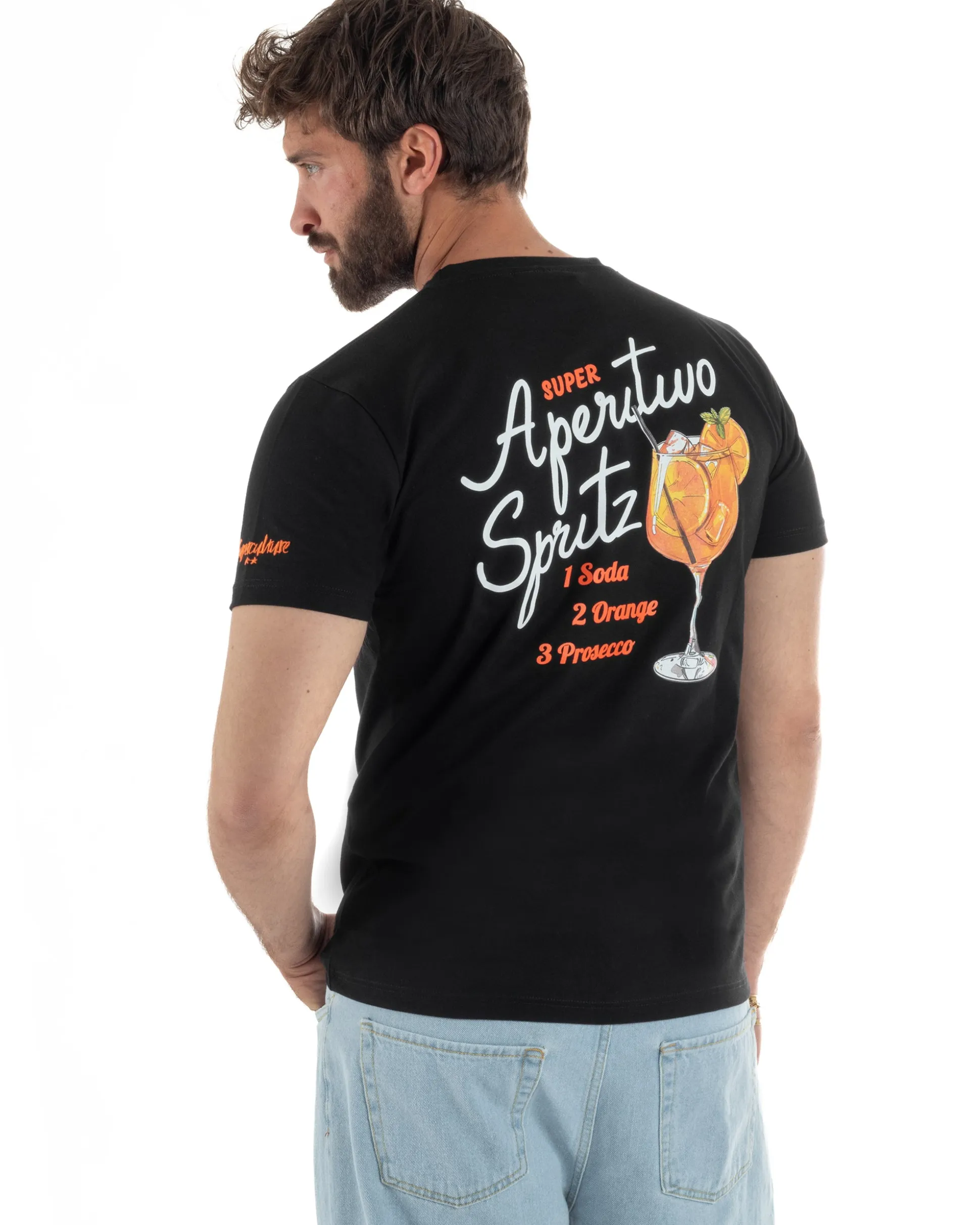 T-shirt uomo girocollo ricamo stampa spritz basic nero SUPERCULTURE-A1901
