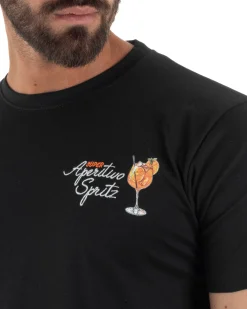 T-shirt uomo girocollo ricamo stampa spritz basic nero SUPERCULTURE-A1901
