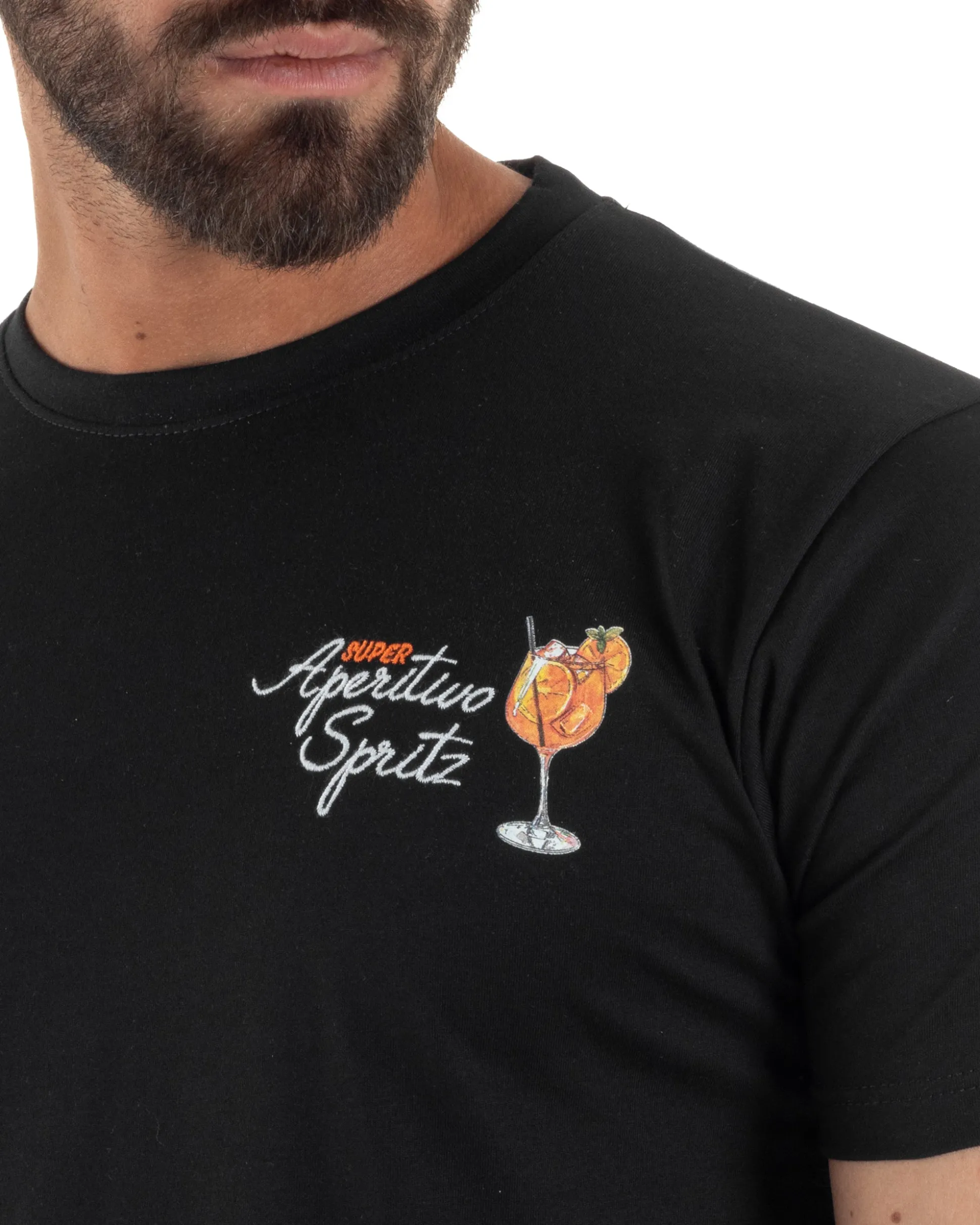 T-shirt uomo girocollo ricamo stampa spritz basic nero SUPERCULTURE-A1901