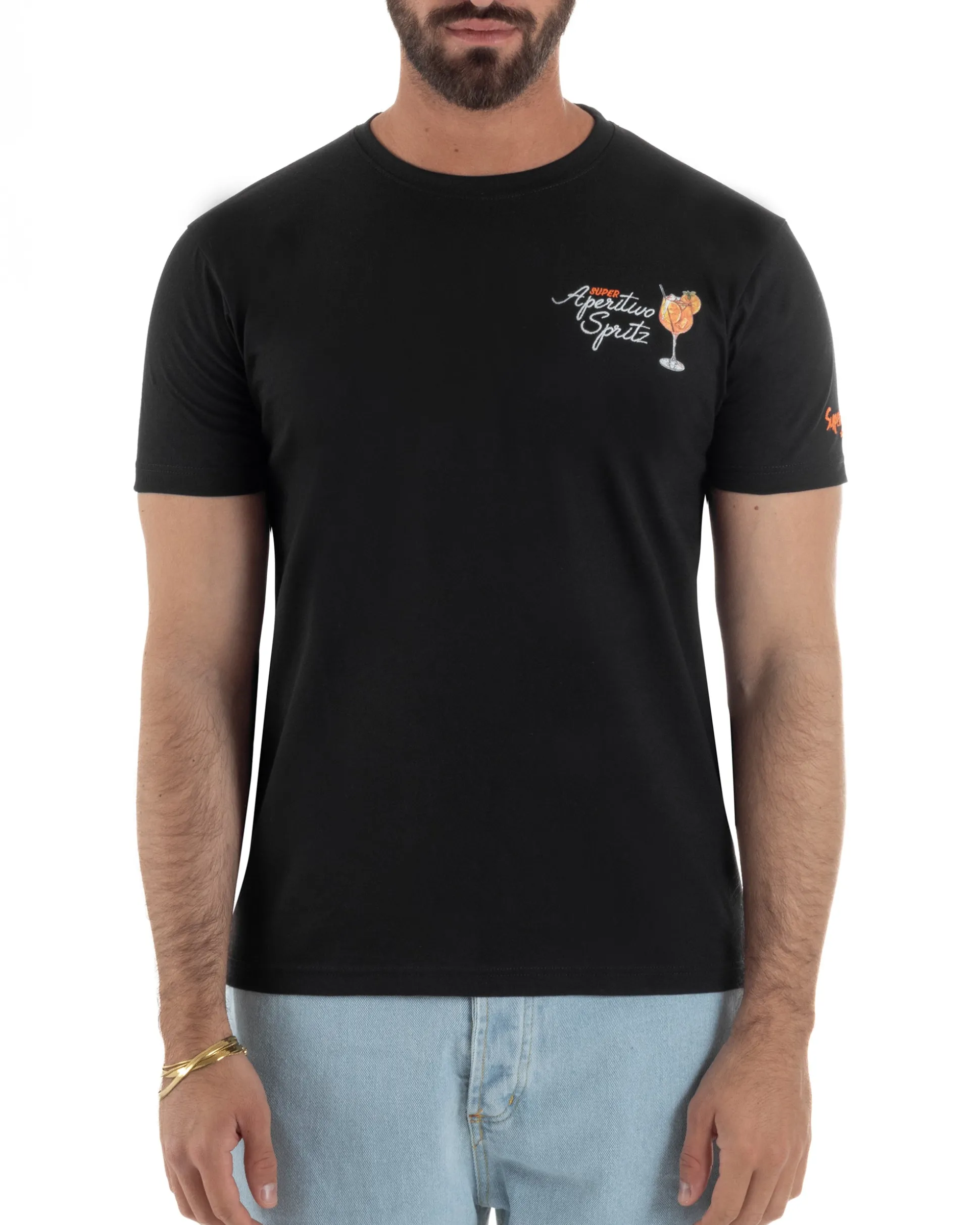 T-shirt uomo girocollo ricamo stampa spritz basic nero SUPERCULTURE-A1901