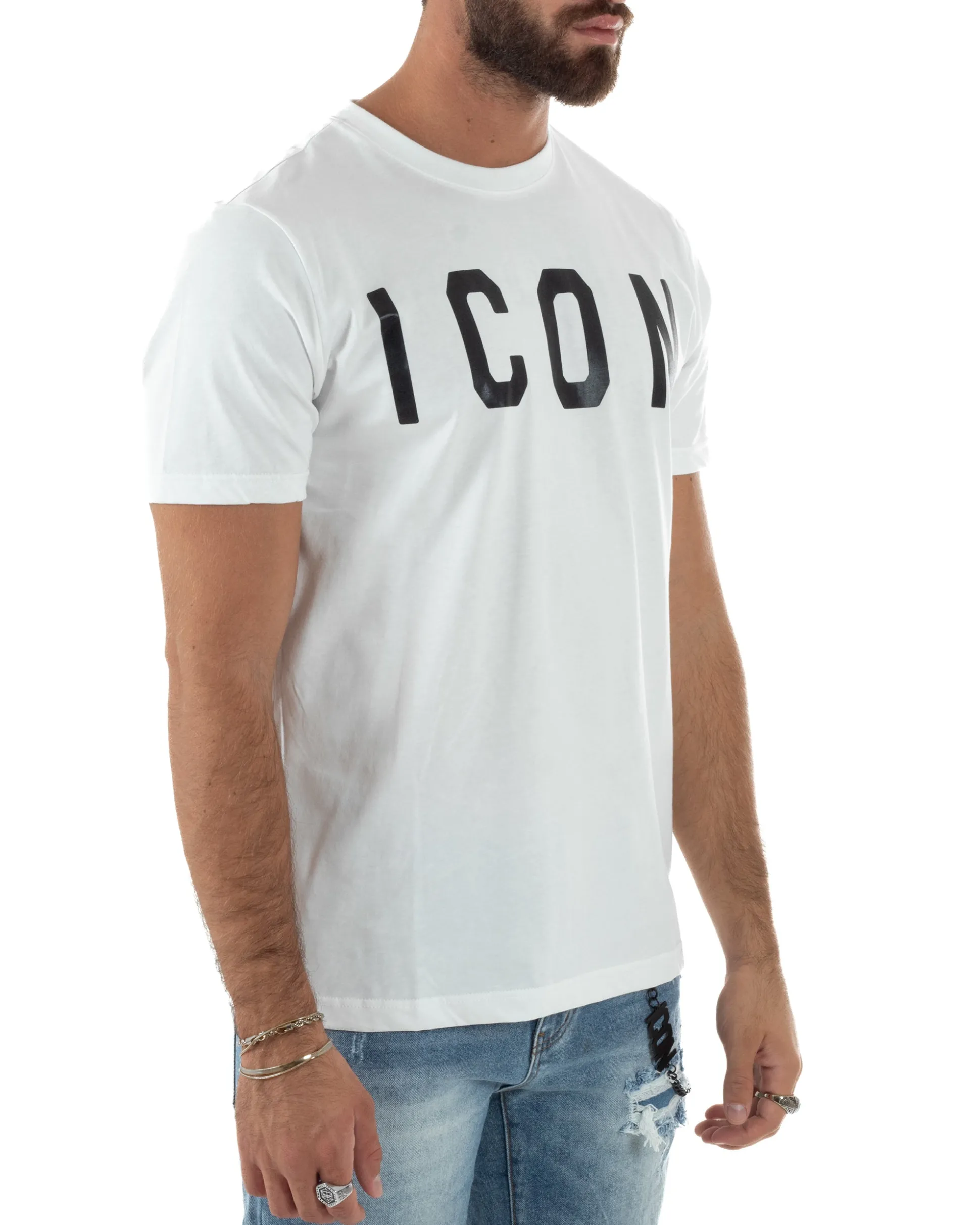 T-shirt Uomo Girocollo Stampa Basic Regular Fit Bianco ICON ICUF2W6T001