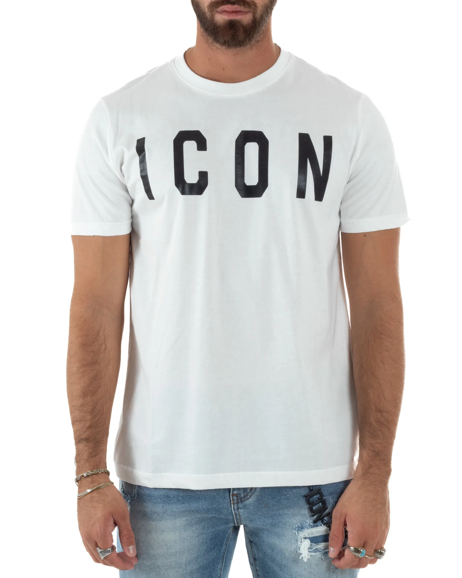 T-shirt Uomo Girocollo Stampa Basic Regular Fit Bianco ICON ICUF2W6T001