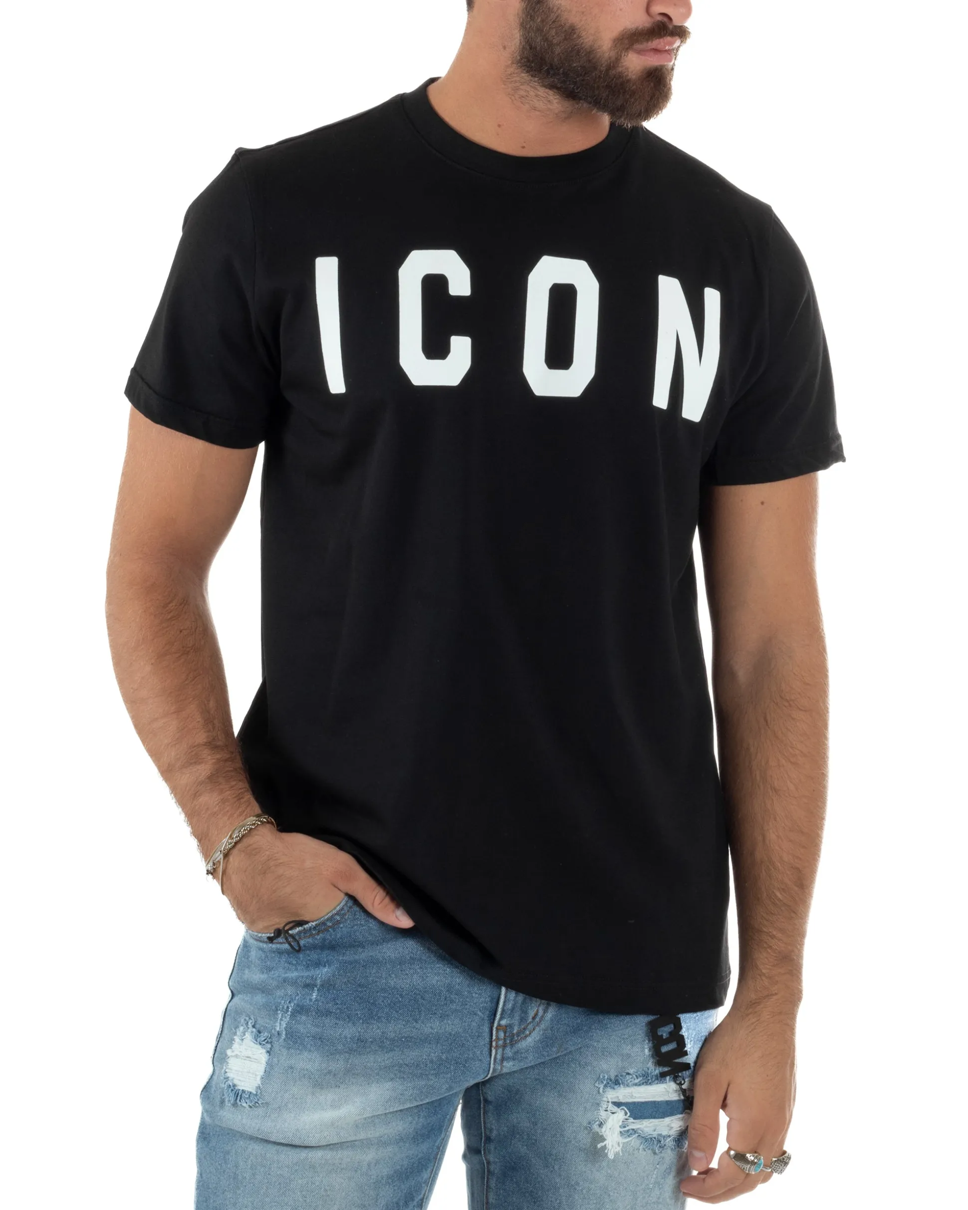 T-shirt Uomo Girocollo Stampa Basic Regular Fit Nero ICON ICUF2W6T001