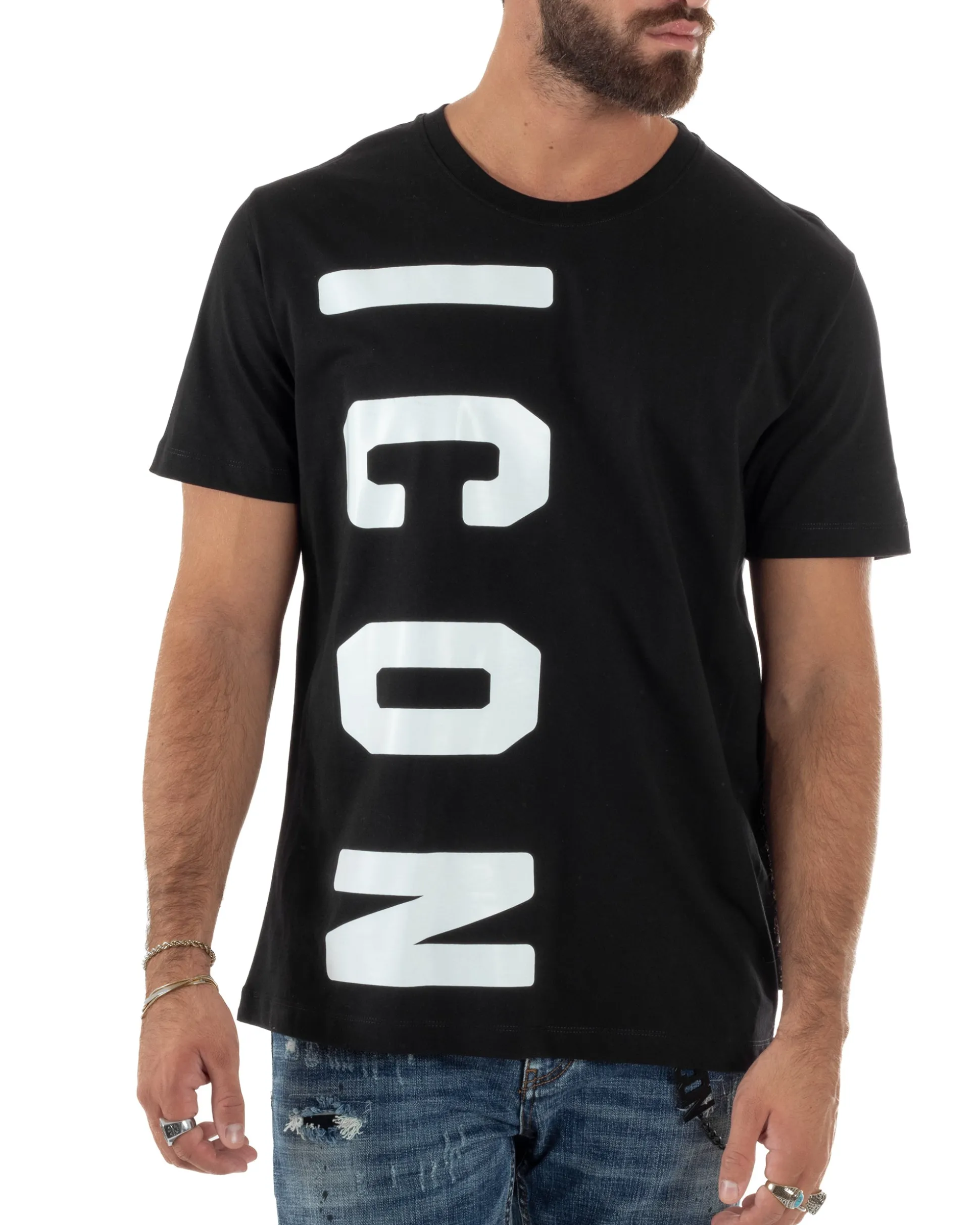 T-shirt Uomo Girocollo Stampa Basic Nero ICON ICUF2W6T004