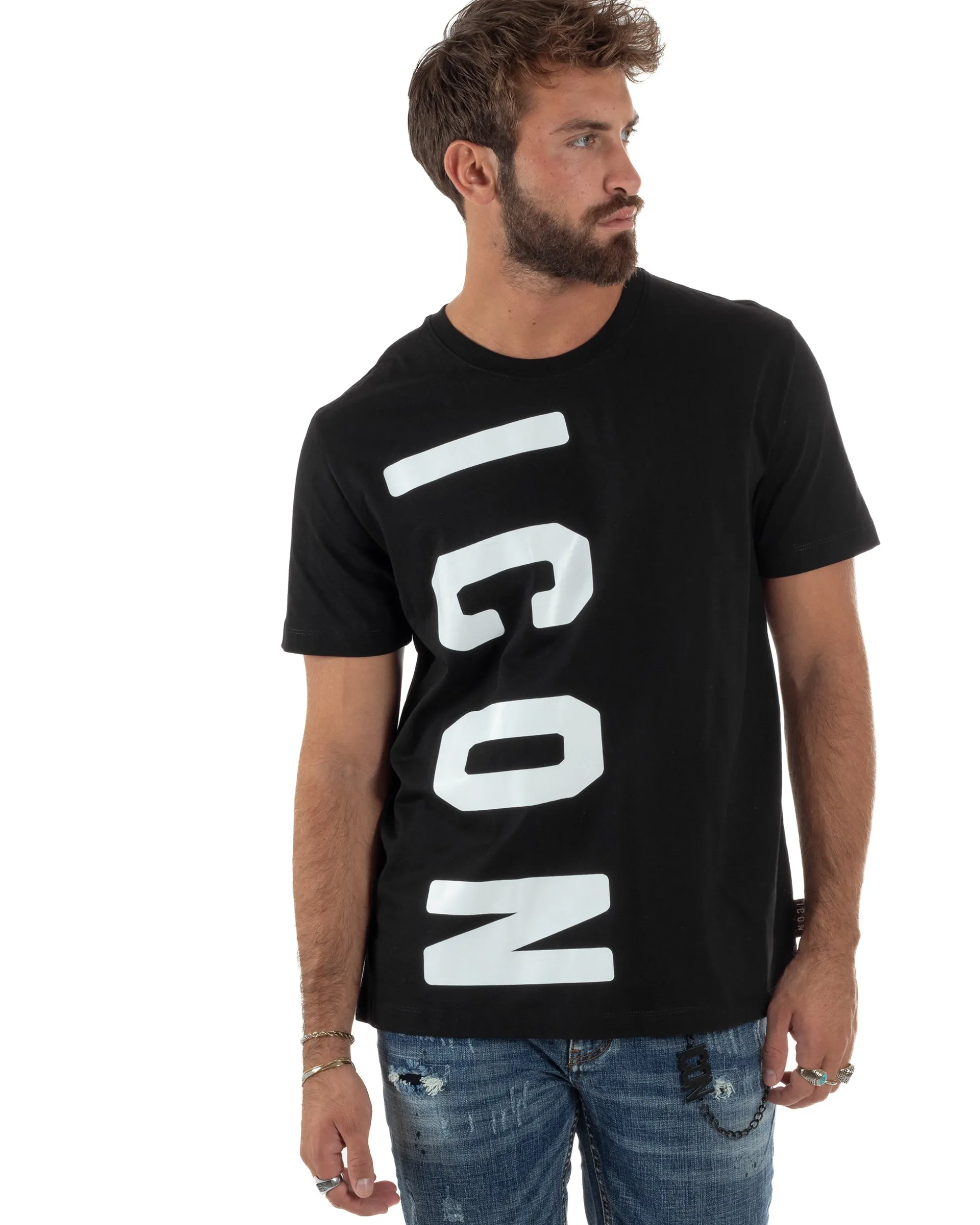 T-shirt Uomo Girocollo Stampa Basic Nero ICON ICUF2W6T004