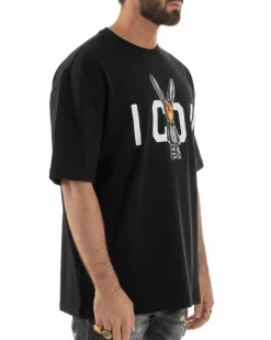 T-shirt uomo girocollo stampa pupazzo basic nero ICON IUT026