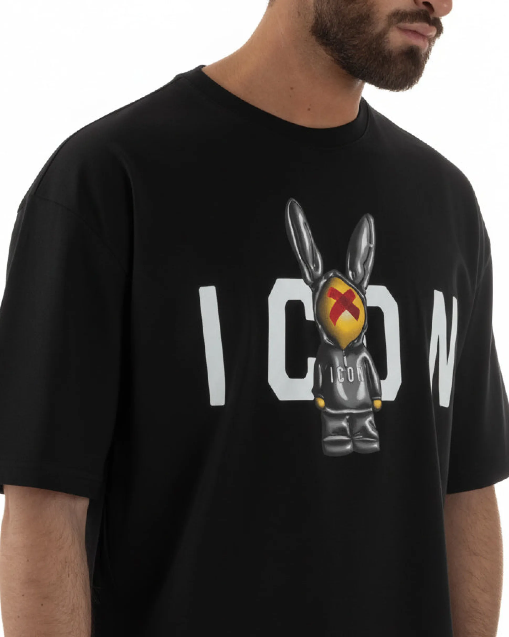 T-shirt uomo girocollo stampa pupazzo basic nero ICON IUT026