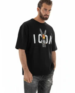 T-shirt uomo girocollo stampa pupazzo basic nero ICON IUT026