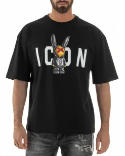 T-shirt uomo girocollo stampa pupazzo basic nero ICON IUT026
