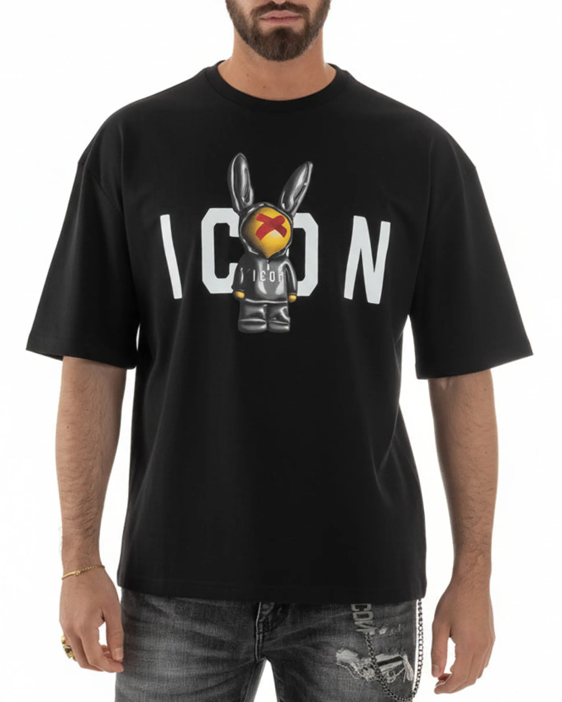 T-shirt uomo girocollo stampa pupazzo basic nero ICON IUT026