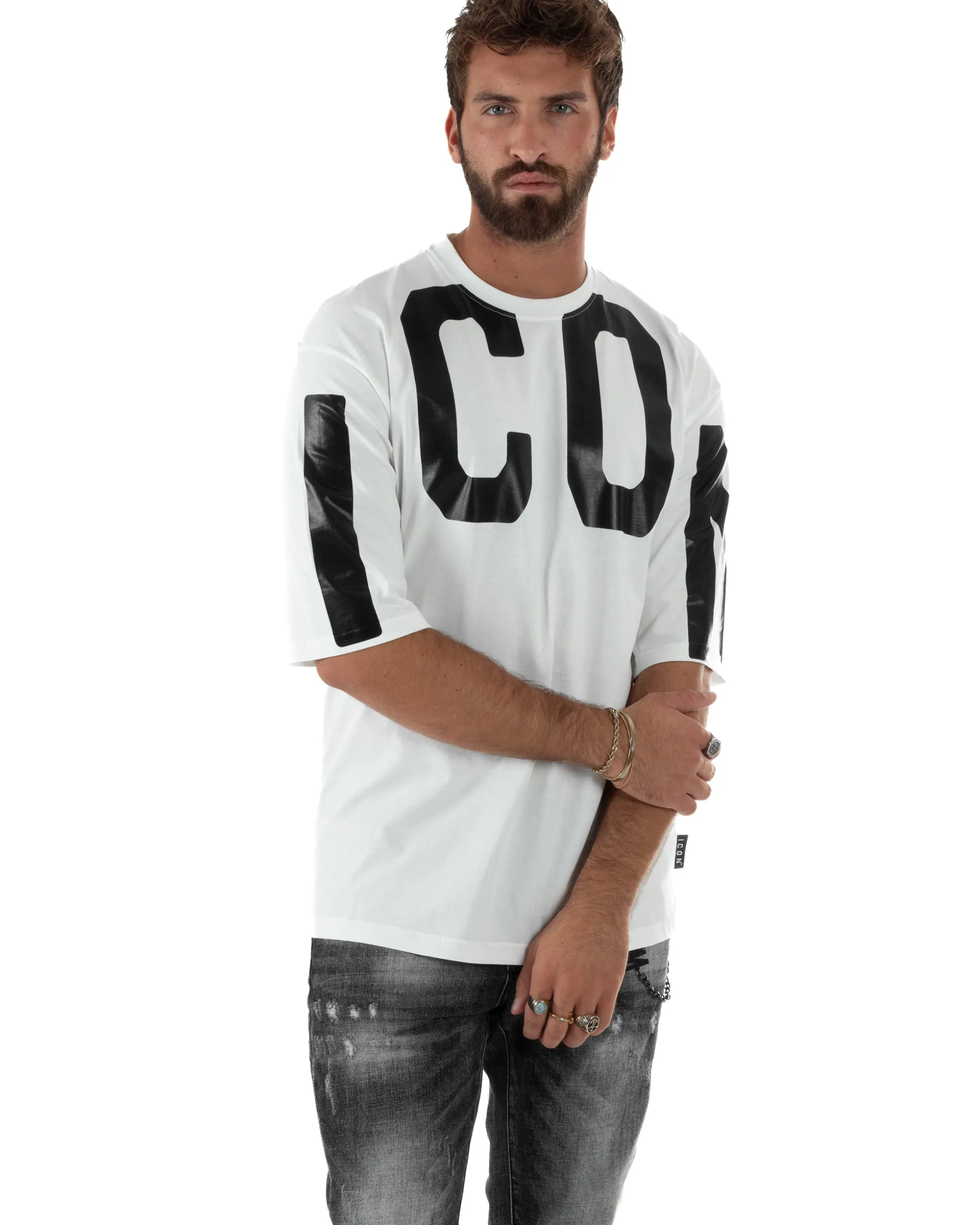 T-shirt Uomo Girocollo Stampa Basic Oversize Bianco ICON ICUF2W6T006