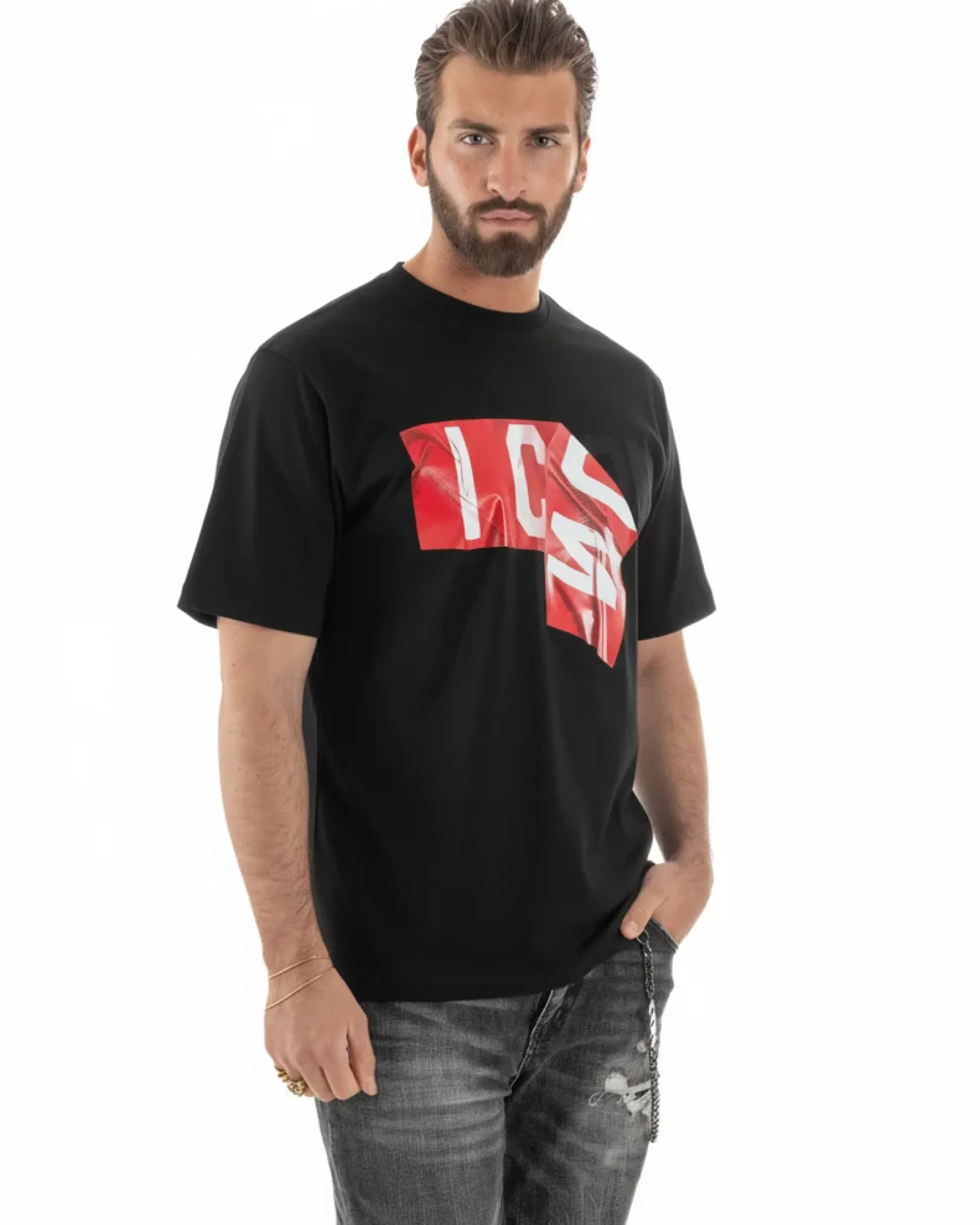 T-shirt uomo girocollo stampa basic nero ICON IUT012