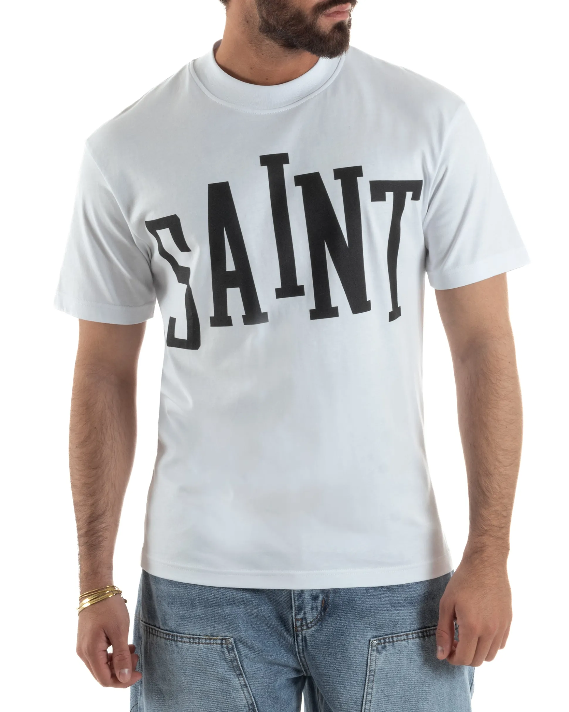 T-shirt uomo girocollo stampa saint basic bianco GIOSAL-TS3266A