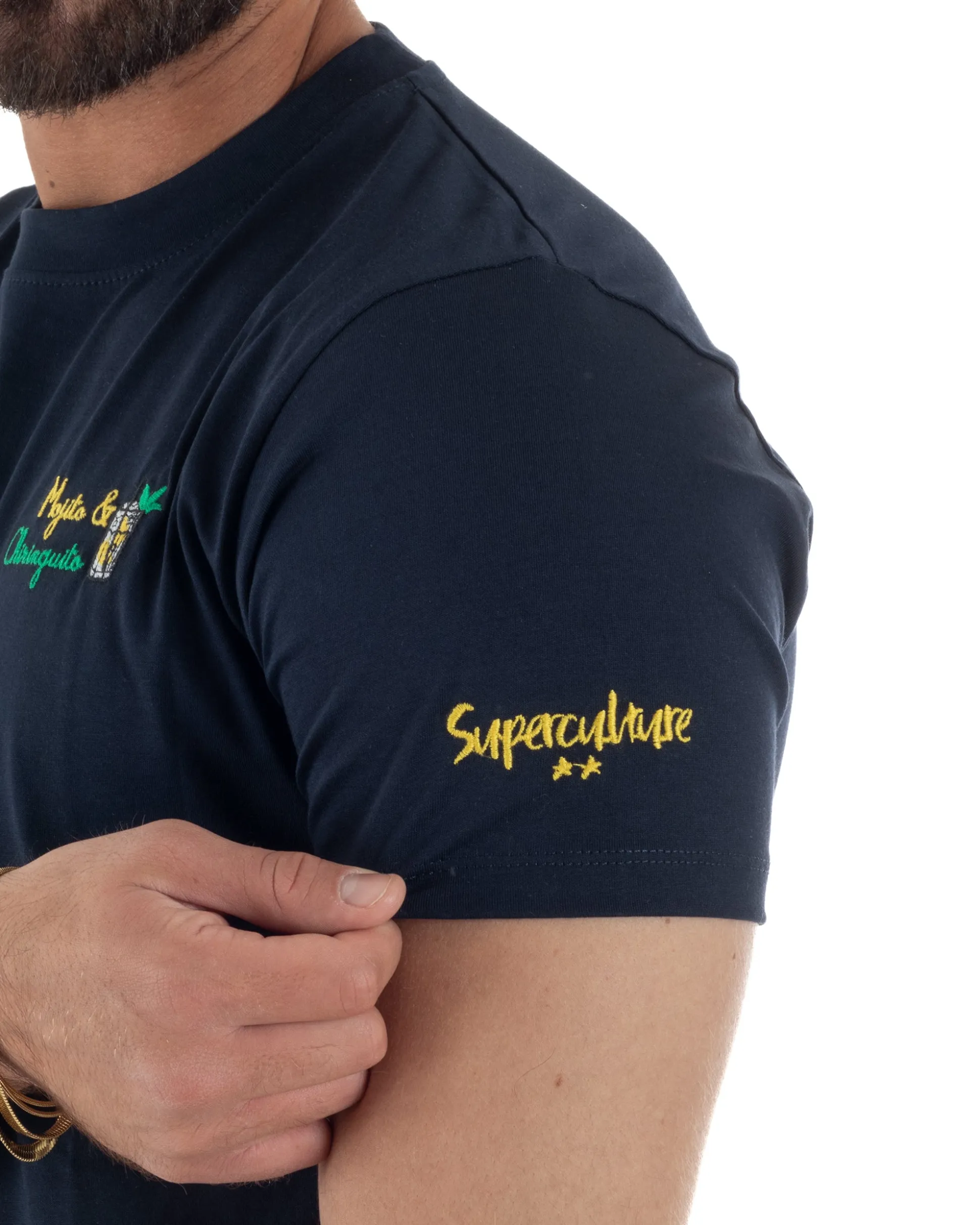 T-shirt uomo girocollo stampa ricamo mojito chiringuito basic blu SUPERCULTURE-A1873