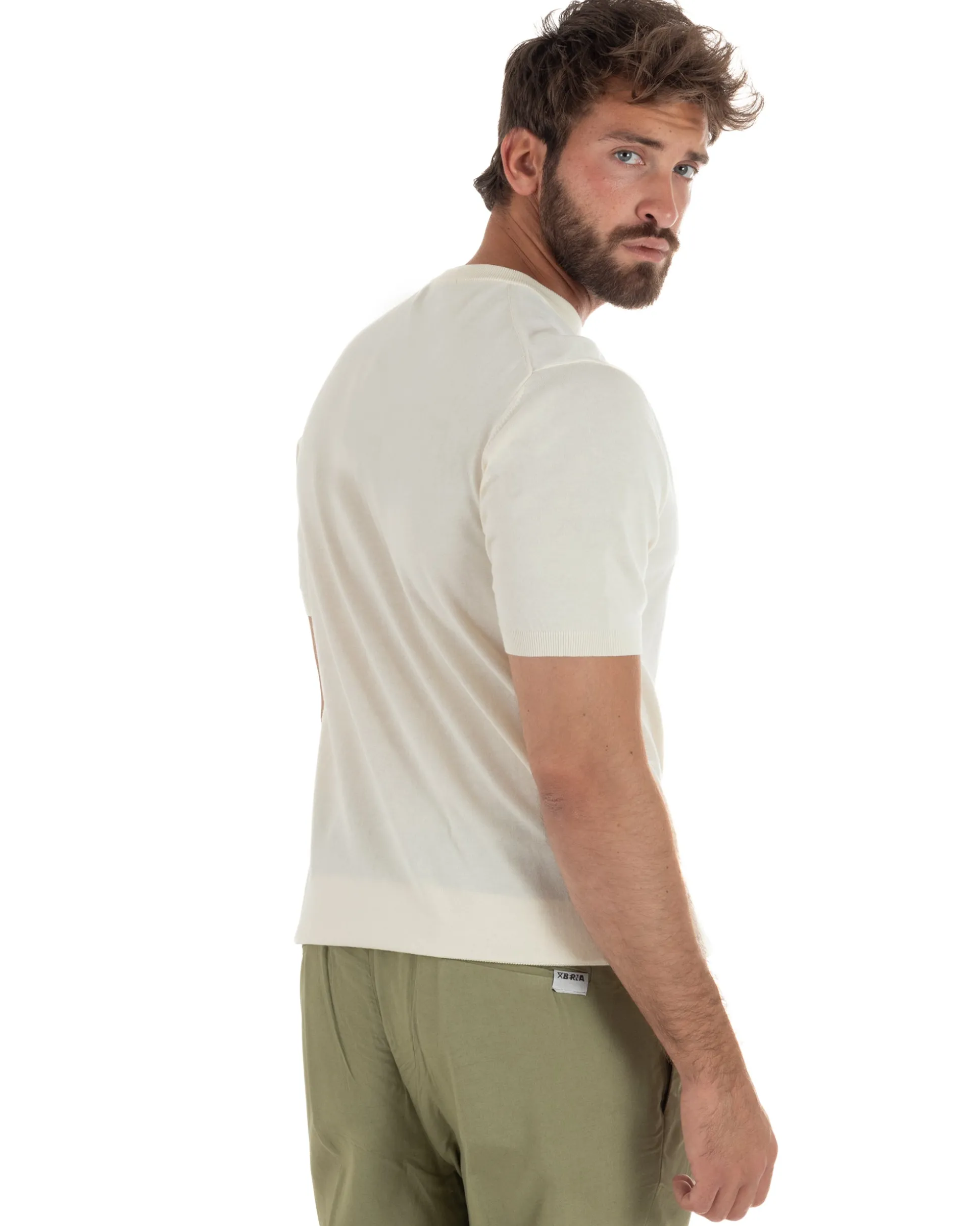 T-shirt uomo maglia filo con ricamo ALL I NEED IS MY GIN TONIC leggera panna SUPERCULTURE-AK6009