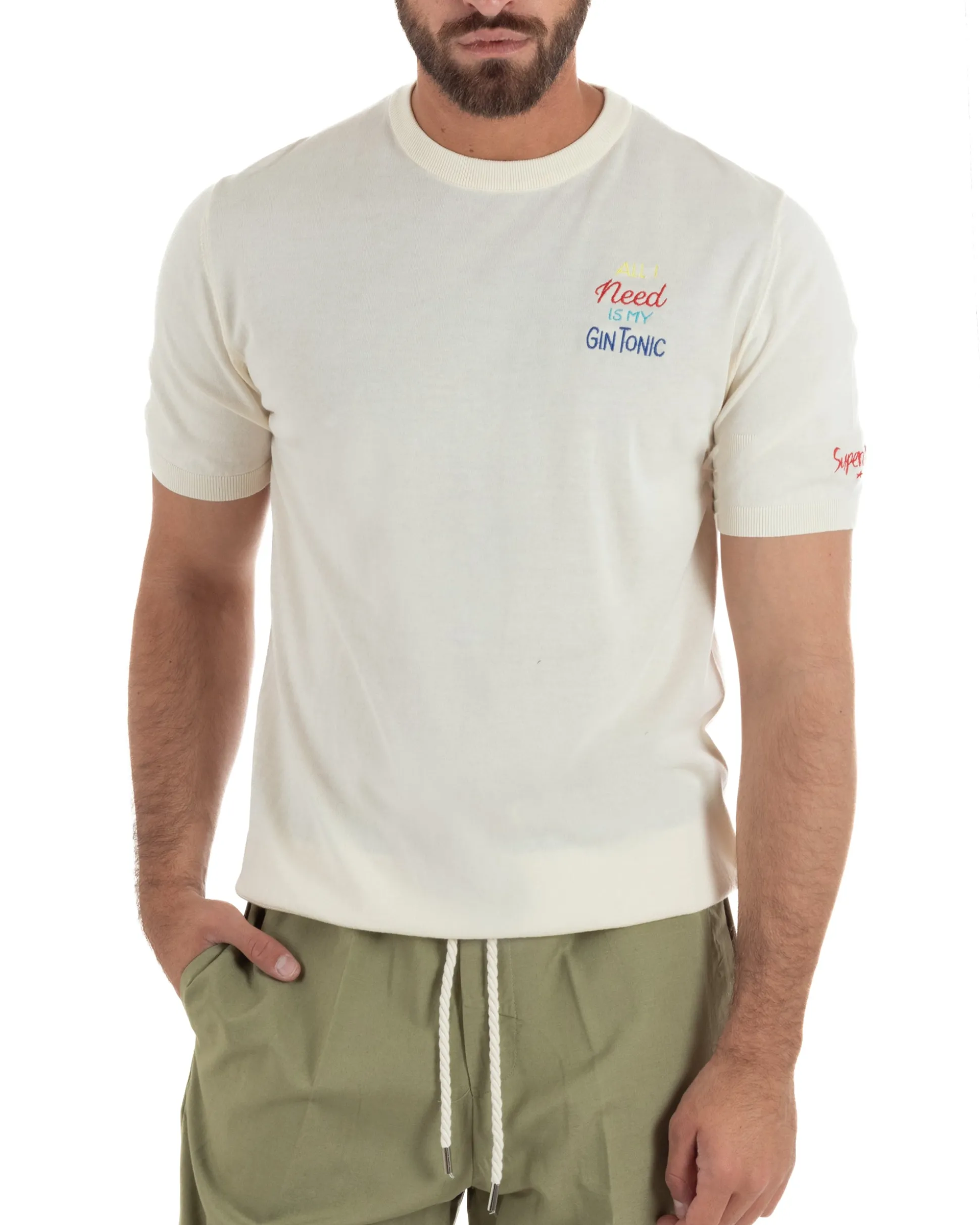 T-shirt uomo maglia filo con ricamo ALL I NEED IS MY GIN TONIC leggera panna SUPERCULTURE-AK6009