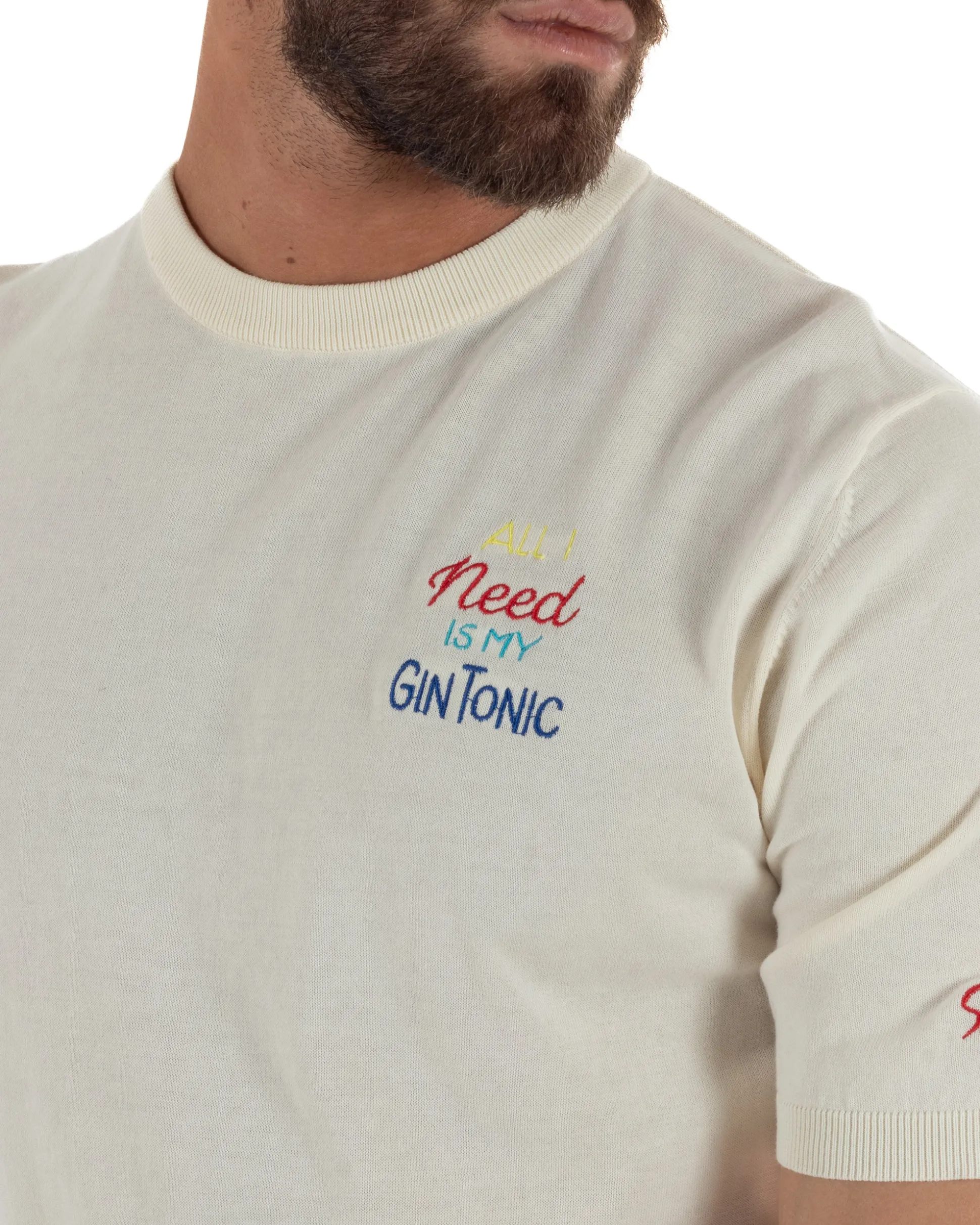 T-shirt uomo maglia filo con ricamo ALL I NEED IS MY GIN TONIC leggera panna SUPERCULTURE-AK6009
