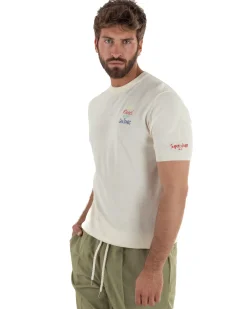 T-shirt uomo maglia filo con ricamo ALL I NEED IS MY GIN TONIC leggera panna SUPERCULTURE-AK6009