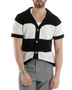 T-shirt Uomo Maglia Polo Traforata Ricamata Cardigan Manica Corta Con Bottoni A Righe Nero Casual GIOSAL-TS3001A