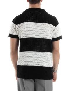 T-shirt Uomo Maglia Polo Traforata Ricamata Cardigan Manica Corta Con Bottoni A Righe Nero Casual GIOSAL-TS3001A