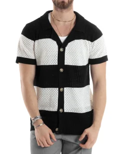 T-shirt Uomo Maglia Polo Traforata Ricamata Cardigan Manica Corta Con Bottoni A Righe Nero Casual GIOSAL-TS3001A