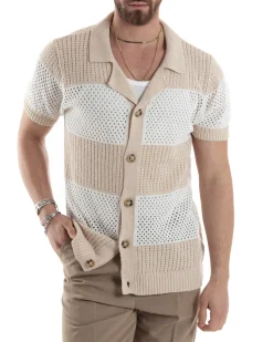 T-shirt Uomo Maglia Polo Traforata Ricamata Cardigan Manica Corta Con Bottoni A Righe Beige Casual GIOSAL-TS3002A