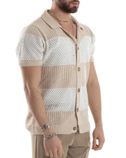 T-shirt Uomo Maglia Polo Traforata Ricamata Cardigan Manica Corta Con Bottoni A Righe Beige Casual GIOSAL-TS3002A