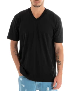T-shirt Uomo Maglia Tinta Unita Nera Oversize Scollo a V Basic Casual GIOSAL-TS2882A