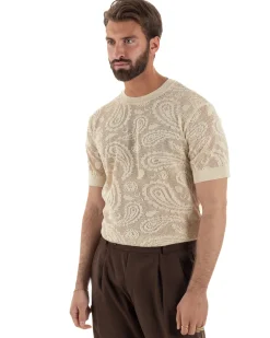 T-shirt uomo maglia traforata girocollo crochet jacquard panna BERNA M-261017