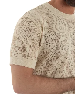 T-shirt uomo maglia traforata girocollo crochet jacquard panna BERNA M-261017