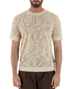 T-shirt uomo maglia traforata girocollo crochet jacquard panna BERNA M-261017