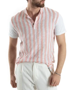 T-shirt Uomo Maniche Corte Serafino Con Bottoni Cotone Lino Casual Rigata Bicolore Rosa GIOSAL-TS3027A