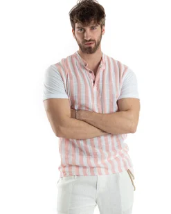 T-shirt Uomo Maniche Corte Serafino Con Bottoni Cotone Lino Casual Rigata Bicolore Rosa GIOSAL-TS3027A