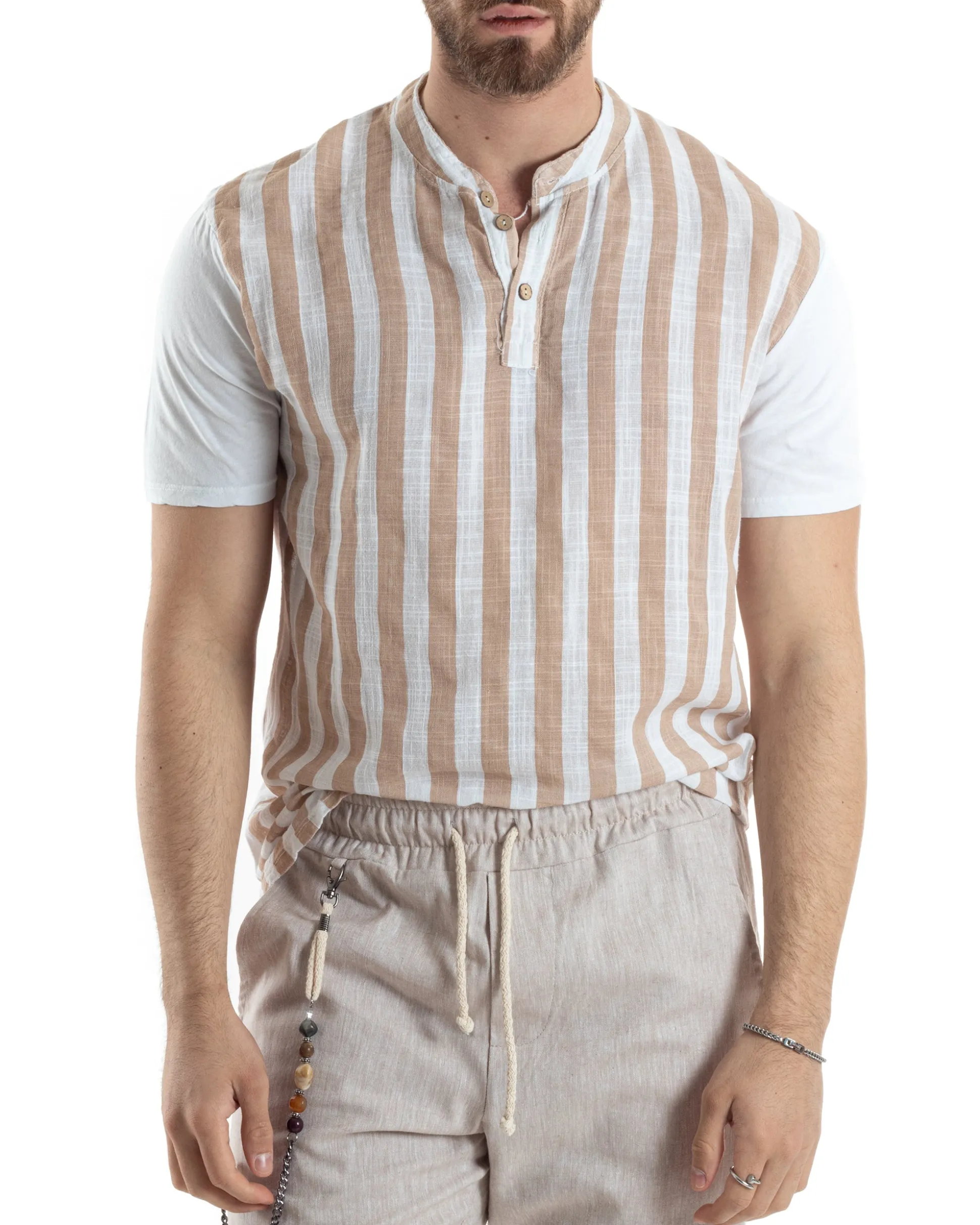T-shirt Uomo Maniche Corte Serafino Con Bottoni Cotone Lino Casual Rigata Bicolore Beige GIOSAL-TS3029A