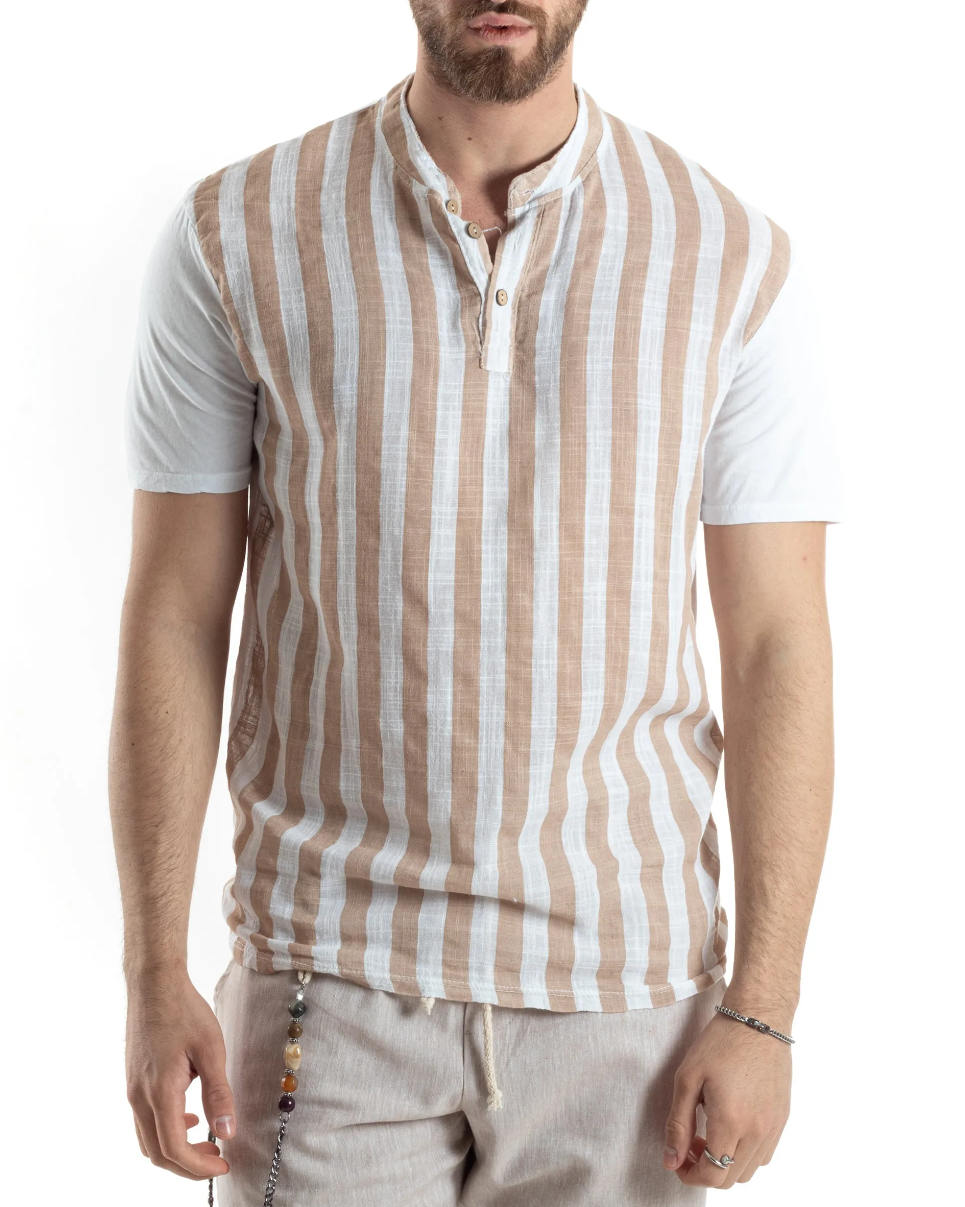 T-shirt Uomo Maniche Corte Serafino Con Bottoni Cotone Lino Casual Rigata Bicolore Beige GIOSAL-TS3029A
