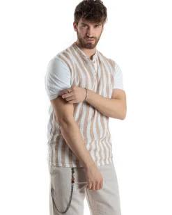 T-shirt Uomo Maniche Corte Serafino Con Bottoni Cotone Lino Casual Rigata Bicolore Beige GIOSAL-TS3029A