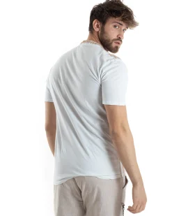 T-shirt Uomo Maniche Corte Serafino Con Bottoni Cotone Lino Casual Rigata Bicolore Beige GIOSAL-TS3029A