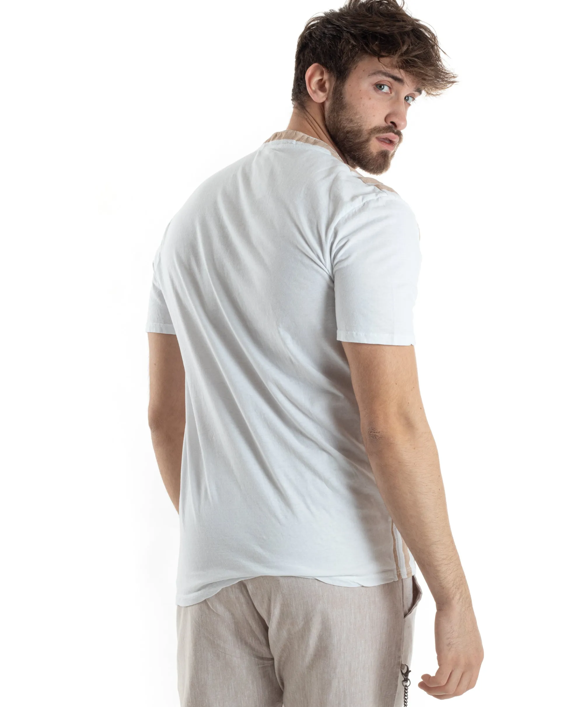 T-shirt Uomo Maniche Corte Serafino Con Bottoni Cotone Lino Casual Rigata Bicolore Beige GIOSAL-TS3029A