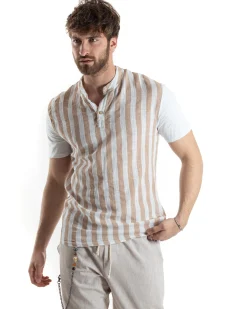T-shirt Uomo Maniche Corte Serafino Con Bottoni Cotone Lino Casual Rigata Bicolore Beige GIOSAL-TS3029A