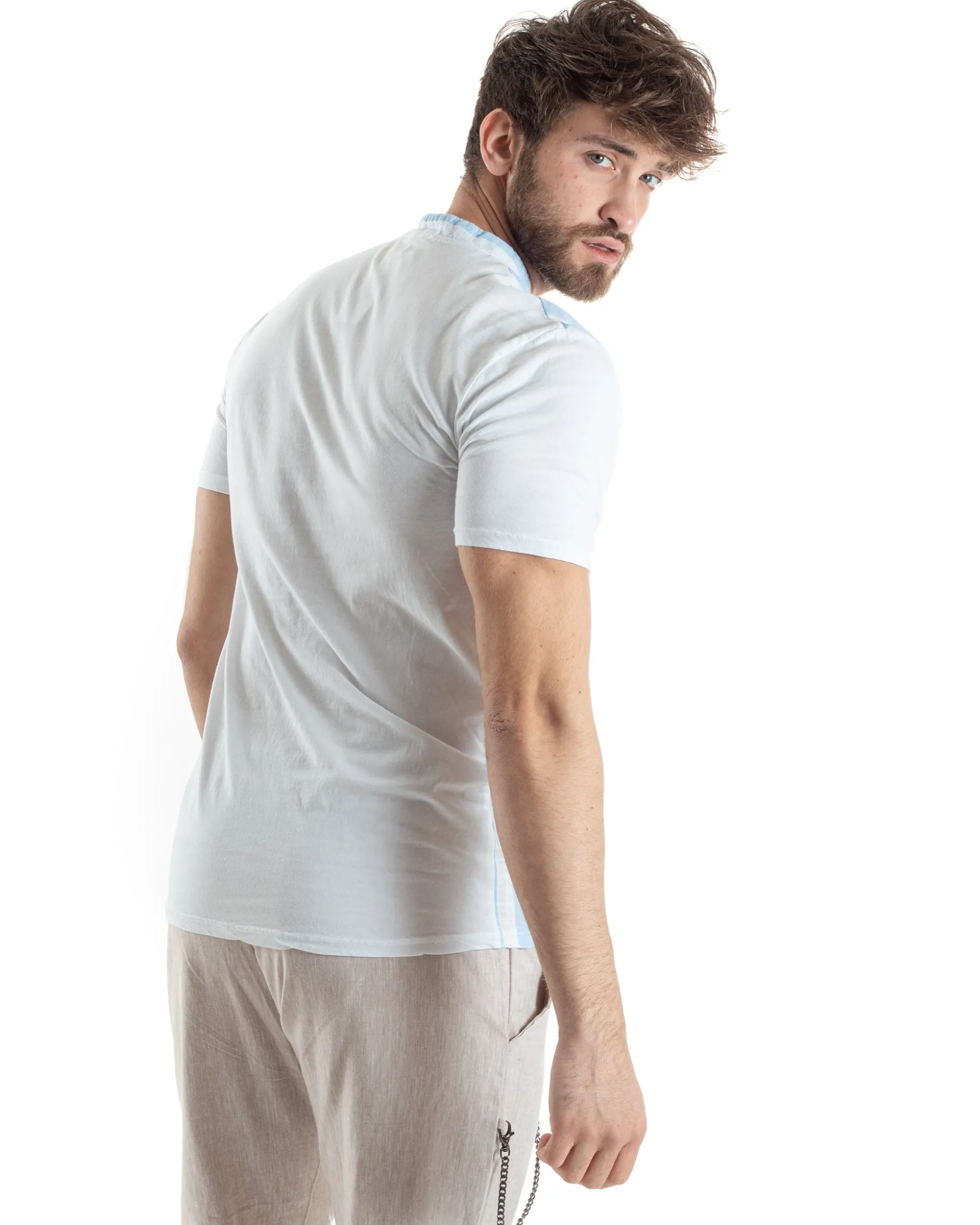 T-shirt Uomo Maniche Corte Serafino Con Bottoni Cotone Lino Casual Rigata Bicolore Celeste GIOSAL-TS3028A