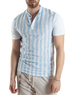 T-shirt Uomo Maniche Corte Serafino Con Bottoni Cotone Lino Casual Rigata Bicolore Celeste GIOSAL-TS3028A