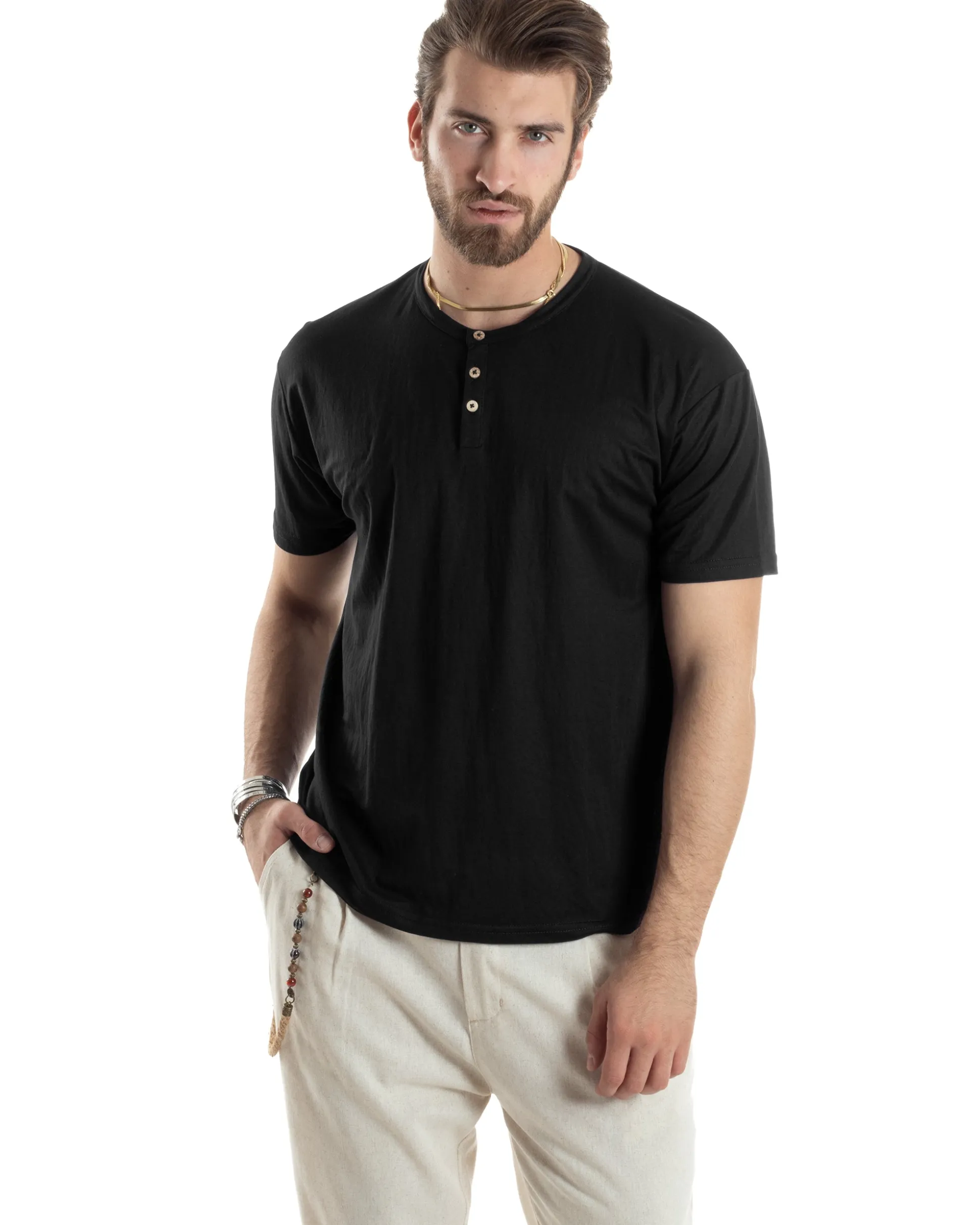 T-shirt Uomo Maniche Corte Viscosa Collo Serafino Maglia Con Bottoni Casual Nero GIOSAL-TS3036A