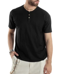 T-shirt Uomo Maniche Corte Viscosa Collo Serafino Maglia Con Bottoni Casual Nero GIOSAL-TS3036A