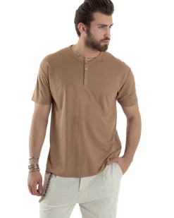 T-shirt Uomo Maniche Corte Viscosa Collo Serafino Maglia Con Bottoni Casual Camel GIOSAL-TS3038A