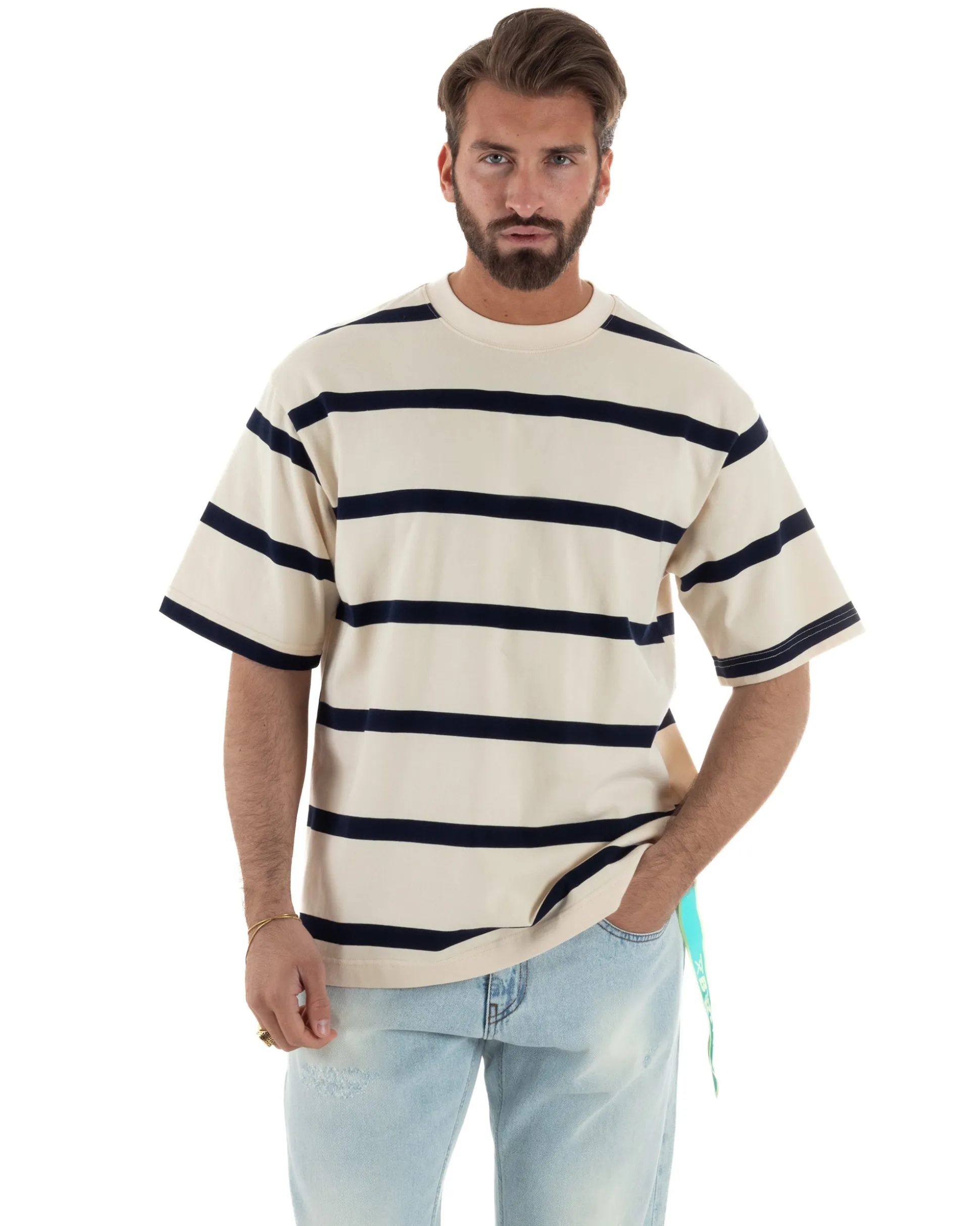 T-shirt uomo maxi righe boxy-fit bicolore panna blu BERNA-M-261246