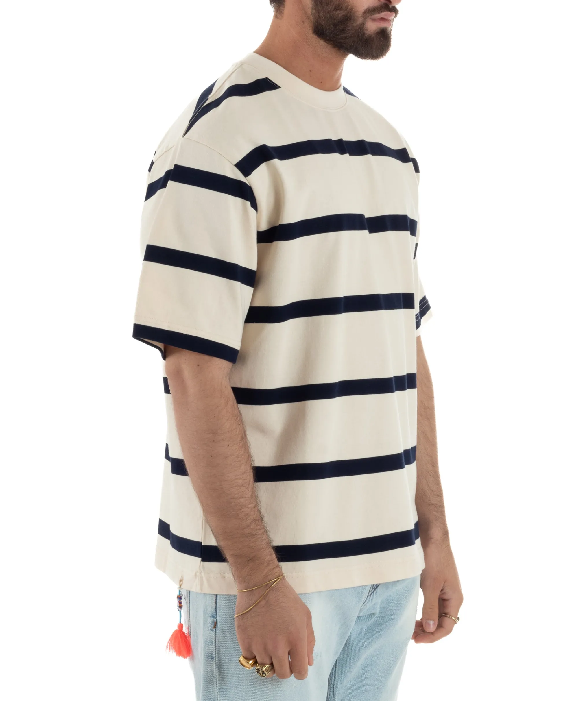 T-shirt uomo maxi righe boxy-fit bicolore panna blu BERNA-M-261246