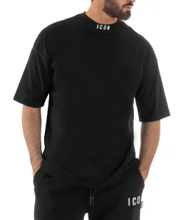 T-shirt uomo mezzo collo stampa basic oversize gola alta nero ICON IUT008