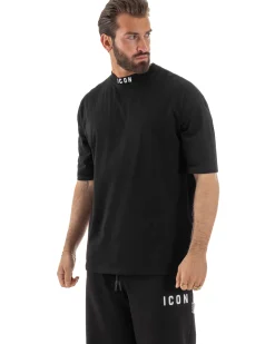 T-shirt uomo mezzo collo stampa basic oversize gola alta nero ICON IUT008