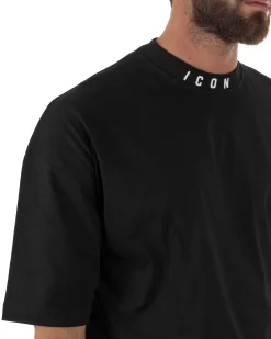T-shirt Uomo Mezzo Collo Stampa Basic Oversize Gola Alta Nero ICON ICUF2W6T007