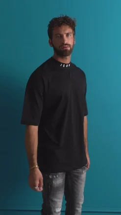 T-shirt Uomo Mezzo Collo Stampa Basic Oversize Gola Alta Nero ICON ICUF2W6T007